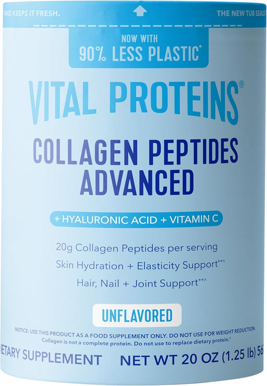 Collagen Peptides Powder Advanced with Hyaluronic Acid & Vitamin C - 20Oz Collagen Protein, Unflavored, 27 Servings