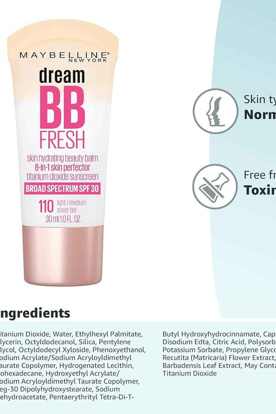 Dream Fresh Skin Hydrating BB Cream, 8-In-1 Skin Perfecting Beauty Balm with Broad Spectrum SPF 30, Sheer Tint Coverage, Oil-Free, Light/Medium, 1 Fl Oz