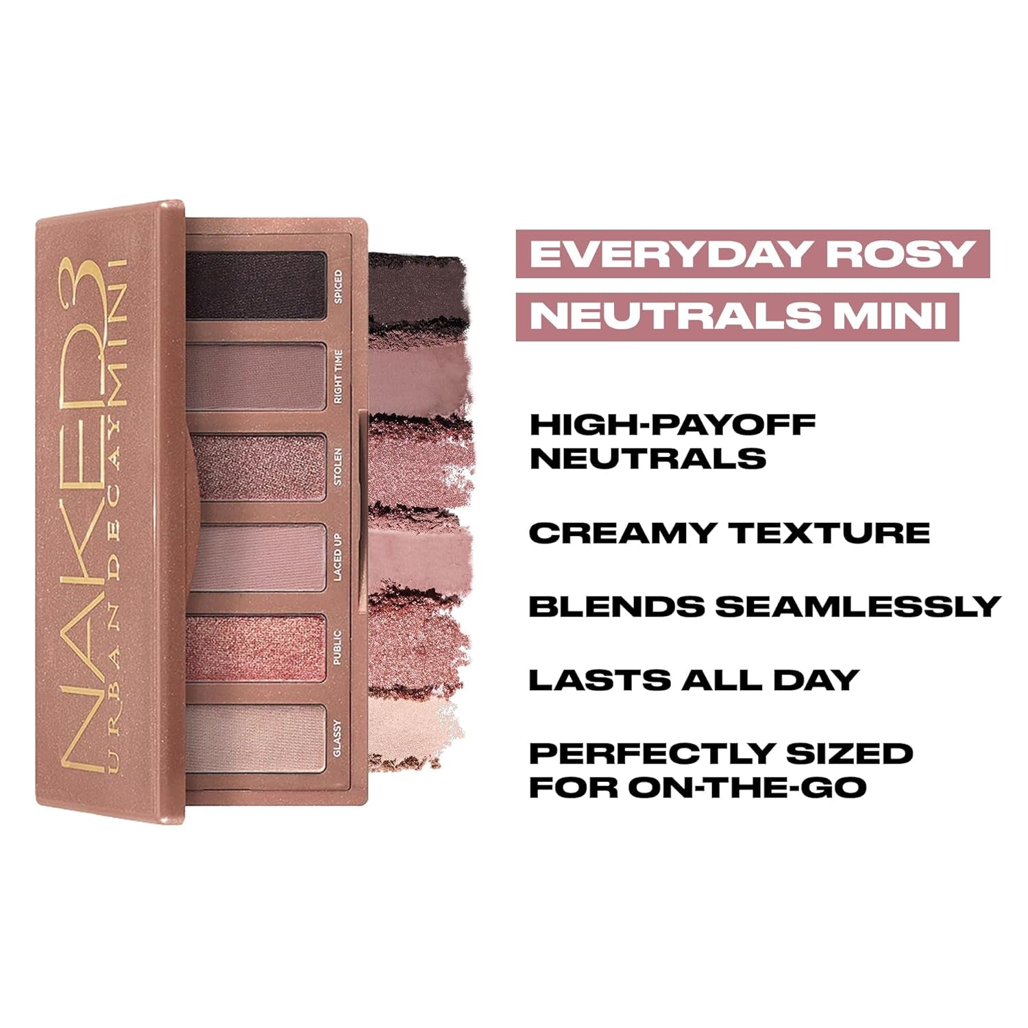 Naked 3 Mini Eyeshadow Palette - 6 Soft Pink Shadows, Matte & Shimmer Finishes, Ultra-Blendable Everyday Rosy Neutrals, Long-Lasting Wear, Travel Makeup with Mirror