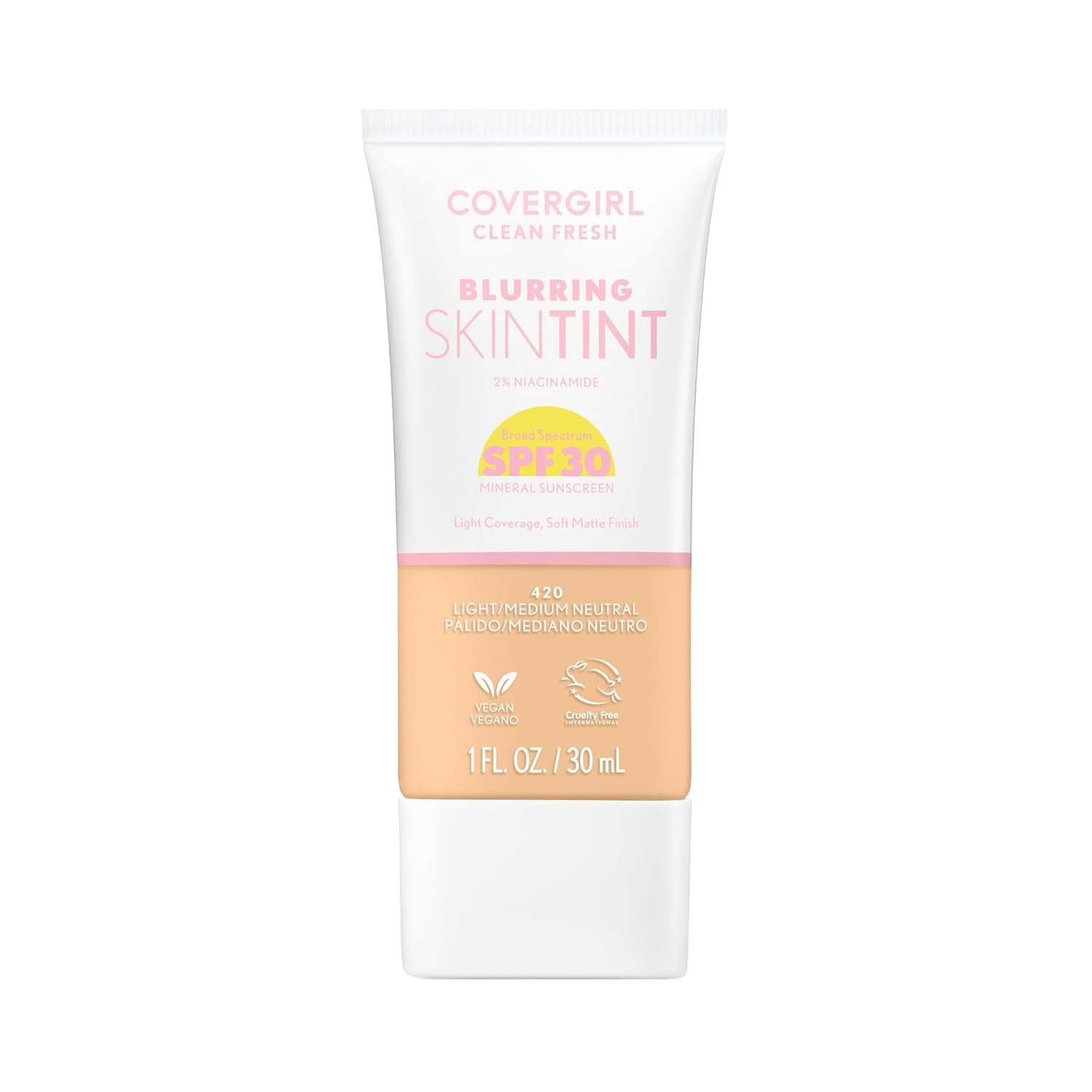 Clean Fresh Blurring Skin Tint with SPF 30, 430 Medium Neutral, Liquid Foundation, Soft Matte Finish, Smooths, Brightens, Blurs Pores, Mineral Sunscreen, Vegan Formula