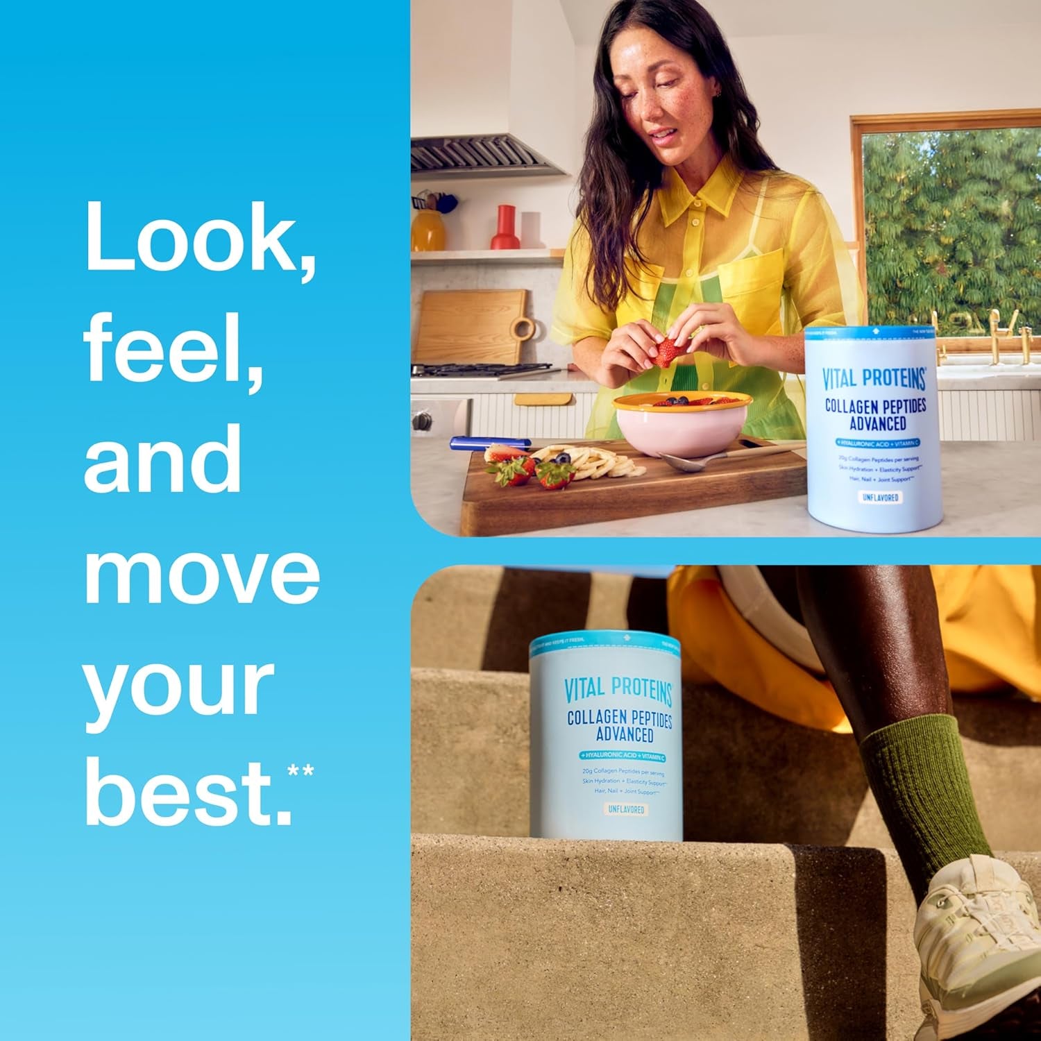 Collagen Peptides Powder Advanced with Hyaluronic Acid & Vitamin C - 20Oz Collagen Protein, Unflavored, 27 Servings