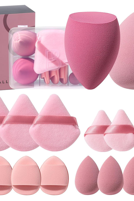 Makeup Sponge Set  Triangle Puff 14 Pcs for Liquid, Cream, and Powder, Multi-Colored Makeup Sponges and Mini Sponge with Case (A-Purple)