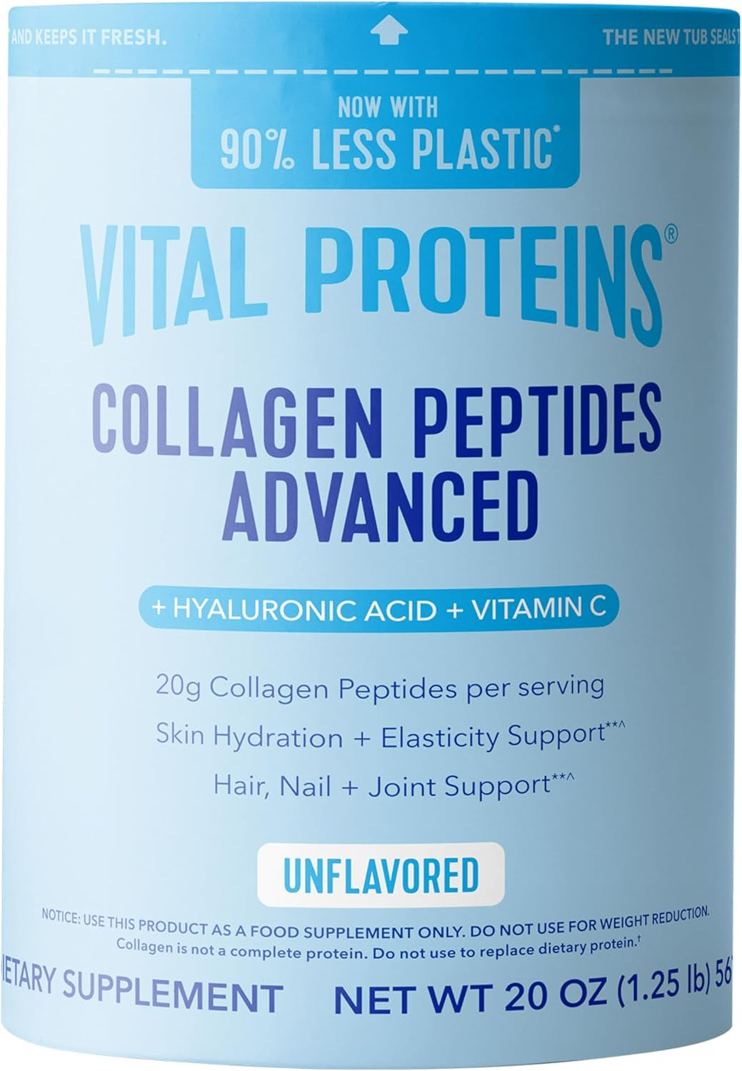 Collagen Peptides Powder Advanced with Hyaluronic Acid & Vitamin C - 20Oz Collagen Protein, Unflavored, 27 Servings
