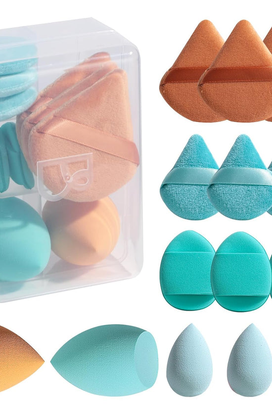Makeup Sponge Set  Triangle Puff 14 Pcs for Liquid, Cream, and Powder, Multi-Colored Makeup Sponges and Mini Sponge with Case (A-Purple)