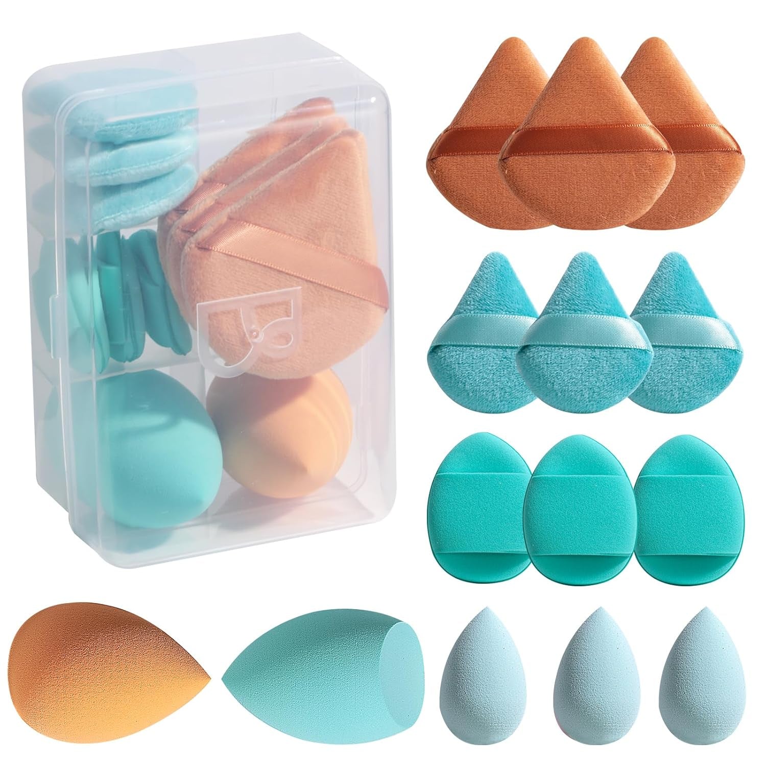 Makeup Sponge Set  Triangle Puff 14 Pcs for Liquid, Cream, and Powder, Multi-Colored Makeup Sponges and Mini Sponge with Case (A-Purple)