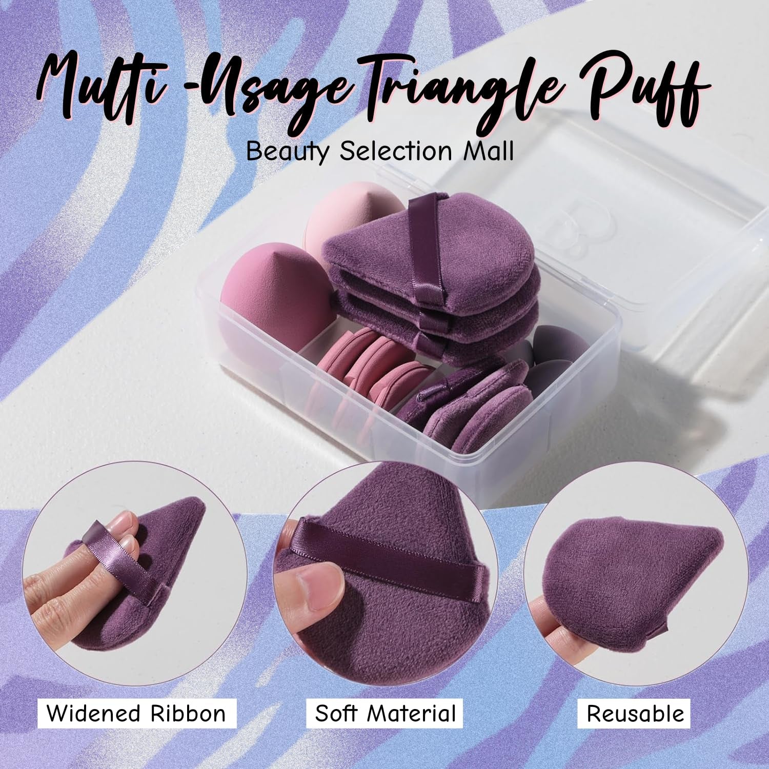 Makeup Sponge Set  Triangle Puff 14 Pcs for Liquid, Cream, and Powder, Multi-Colored Makeup Sponges and Mini Sponge with Case (A-Purple)