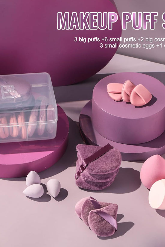 Makeup Sponge Set  Triangle Puff 14 Pcs for Liquid, Cream, and Powder, Multi-Colored Makeup Sponges and Mini Sponge with Case (A-Purple)