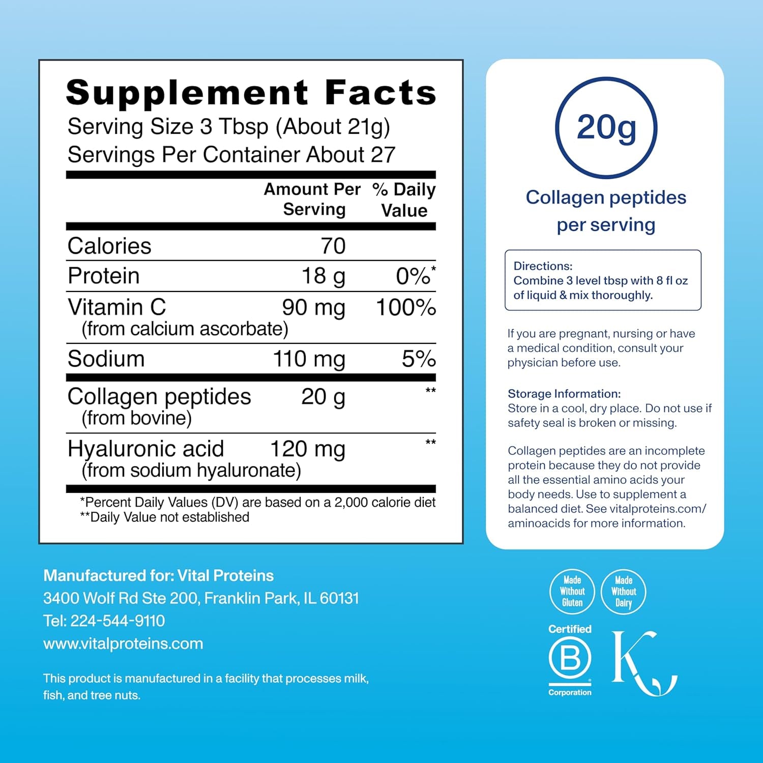 Collagen Peptides Powder Advanced with Hyaluronic Acid & Vitamin C - 20Oz Collagen Protein, Unflavored, 27 Servings