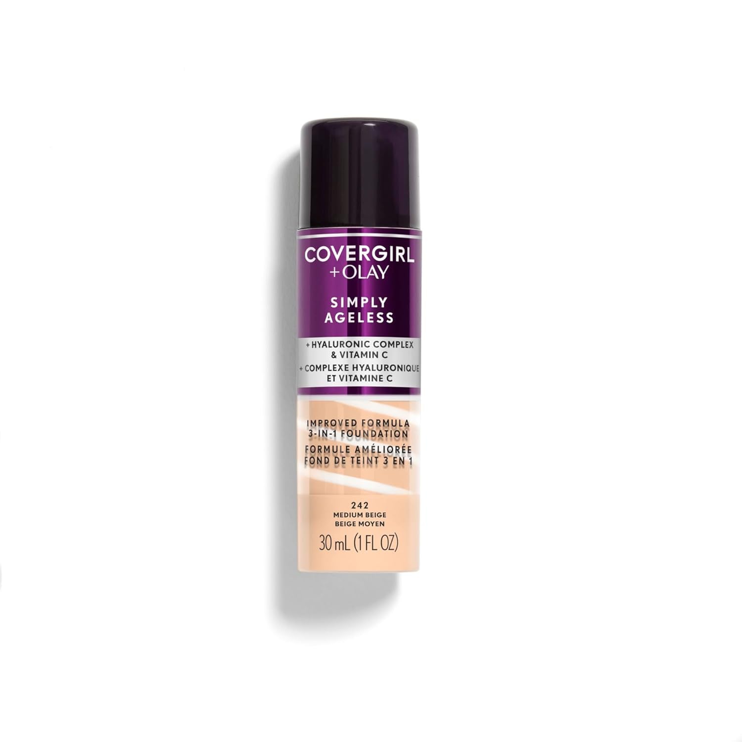 & Olay Simply Ageless 3-In-1 Liquid Foundation, Matte Finish, Hyaluronic & Vitamin C Formula, Creamy Natural, 1 Count