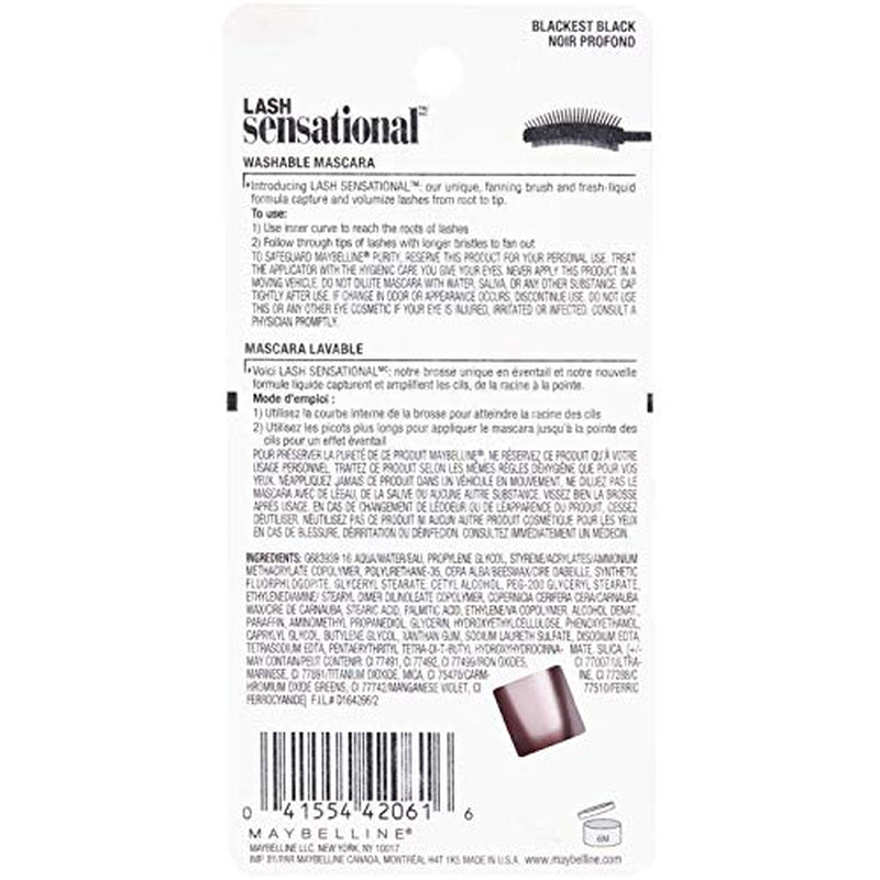 Lash Sensational Washable Mascara, Lengthening and Volumizing for a Full Fan Effect, Blackest Black, 1 Count