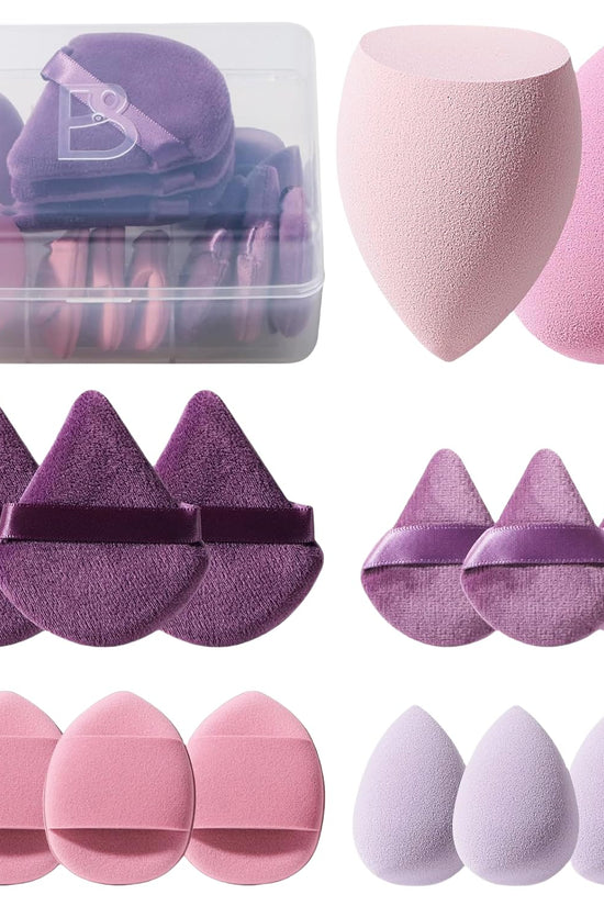 Makeup Sponge Set  Triangle Puff 14 Pcs for Liquid, Cream, and Powder, Multi-Colored Makeup Sponges and Mini Sponge with Case (A-Purple)