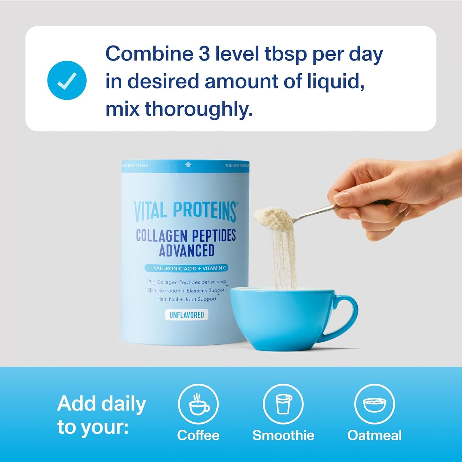 Collagen Peptides Powder Advanced with Hyaluronic Acid & Vitamin C - 20Oz Collagen Protein, Unflavored, 27 Servings