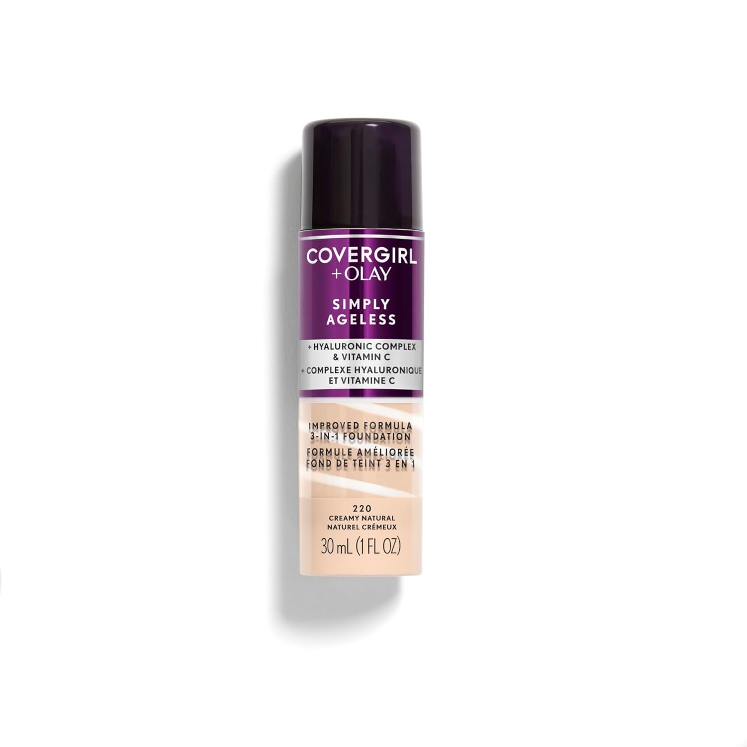 & Olay Simply Ageless 3-In-1 Liquid Foundation, Matte Finish, Hyaluronic & Vitamin C Formula, Creamy Natural, 1 Count