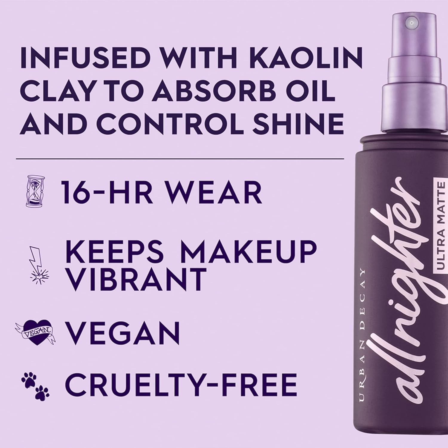 All Nighter Ultra Matte Makeup Setting Spray for Face, Transfer-Proof, Long-Lasting 16 HR Wear, with Oil-Absorbing Kaolin Clay, Matte Finish, Oil-Free, Paraben-Free, Vegan