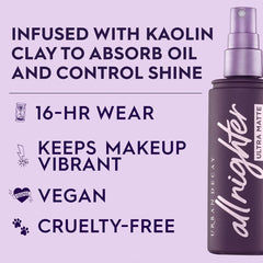 All Nighter Ultra Matte Makeup Setting Spray for Face, Transfer-Proof, Long-Lasting 16 HR Wear, with Oil-Absorbing Kaolin Clay, Matte Finish, Oil-Free, Paraben-Free, Vegan