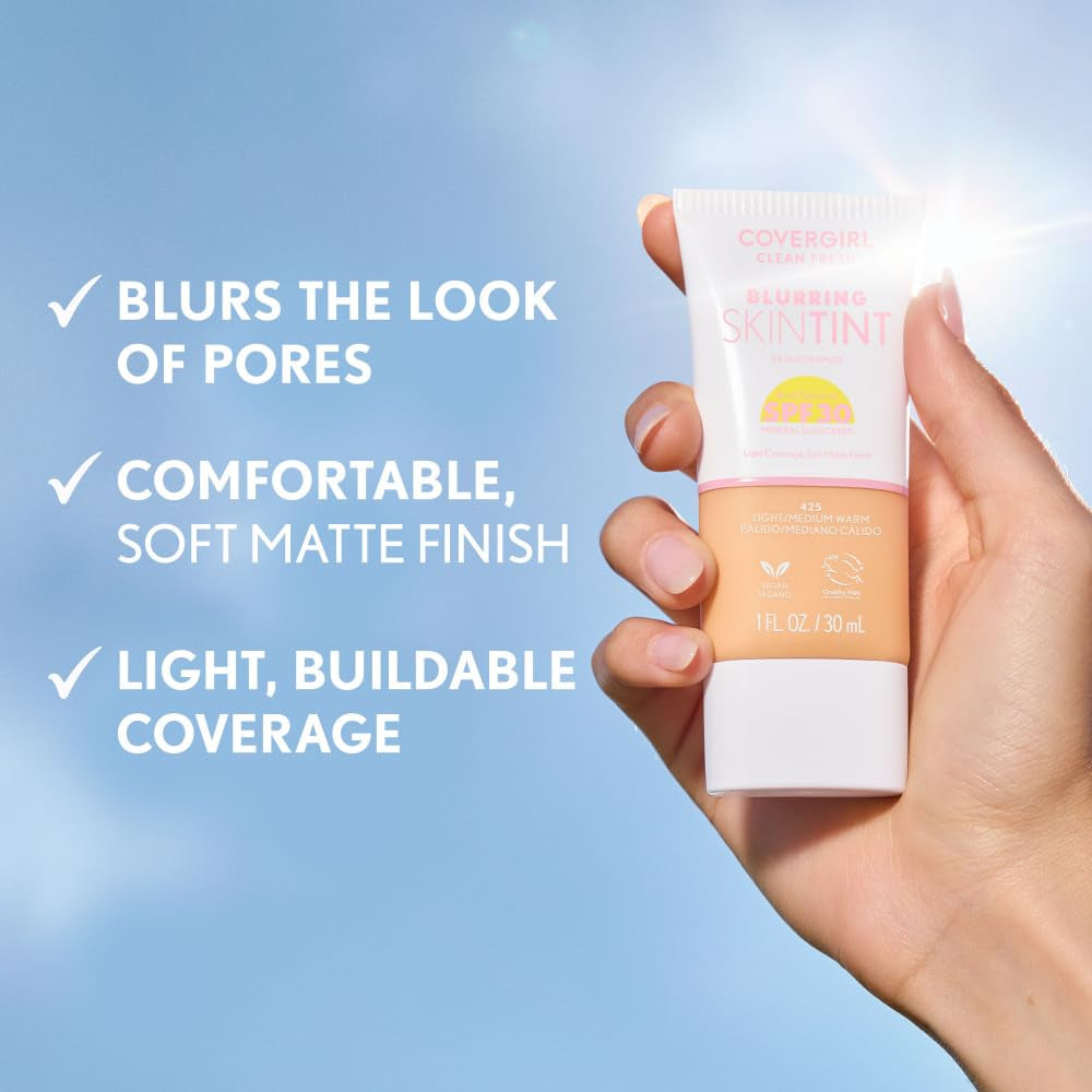 Clean Fresh Blurring Skin Tint with SPF 30, 430 Medium Neutral, Liquid Foundation, Soft Matte Finish, Smooths, Brightens, Blurs Pores, Mineral Sunscreen, Vegan Formula