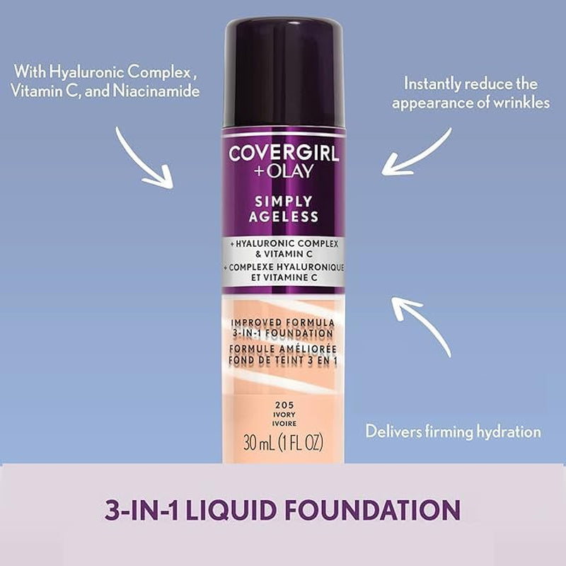 & Olay Simply Ageless 3-In-1 Liquid Foundation, Matte Finish, Hyaluronic & Vitamin C Formula, Creamy Natural, 1 Count