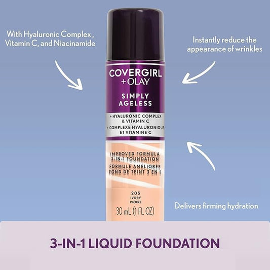 & Olay Simply Ageless 3-In-1 Liquid Foundation, Matte Finish, Hyaluronic & Vitamin C Formula, Creamy Natural, 1 Count