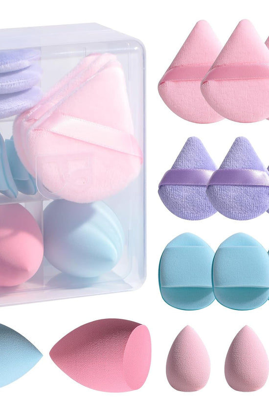 Makeup Sponge Set  Triangle Puff 14 Pcs for Liquid, Cream, and Powder, Multi-Colored Makeup Sponges and Mini Sponge with Case (A-Purple)
