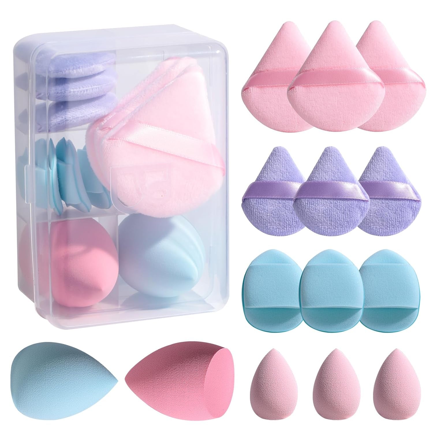 Makeup Sponge Set  Triangle Puff 14 Pcs for Liquid, Cream, and Powder, Multi-Colored Makeup Sponges and Mini Sponge with Case (A-Purple)